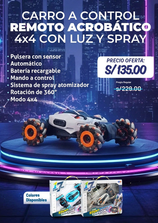 CARRO A CONTROL REMOTO ACROBÁTICO 4X4 CON LUZ Y SPRAY 🏎💨